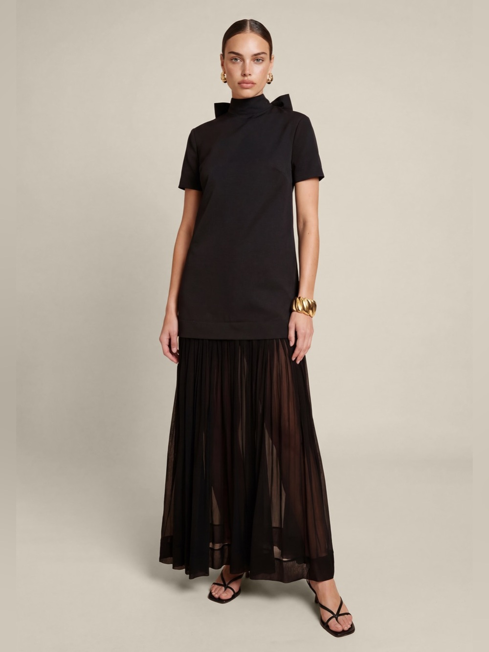 Black Maxi Dress with Sheer Pleated Skirt